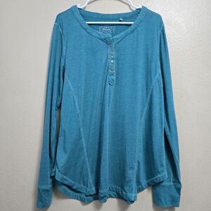 PANHANDLE Shirt Womens XXL‎ Turquoise V Seam Snap Henley Long Sleeve Western
